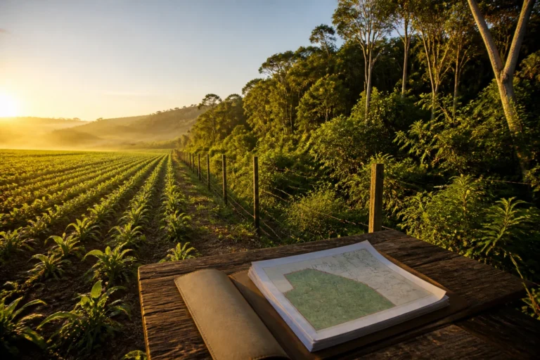 Propriedade rural com lavoura e área de vegetação nativa preservada ao fundo, com pasta de documentos sobre mesa de madeira em primeiro plano